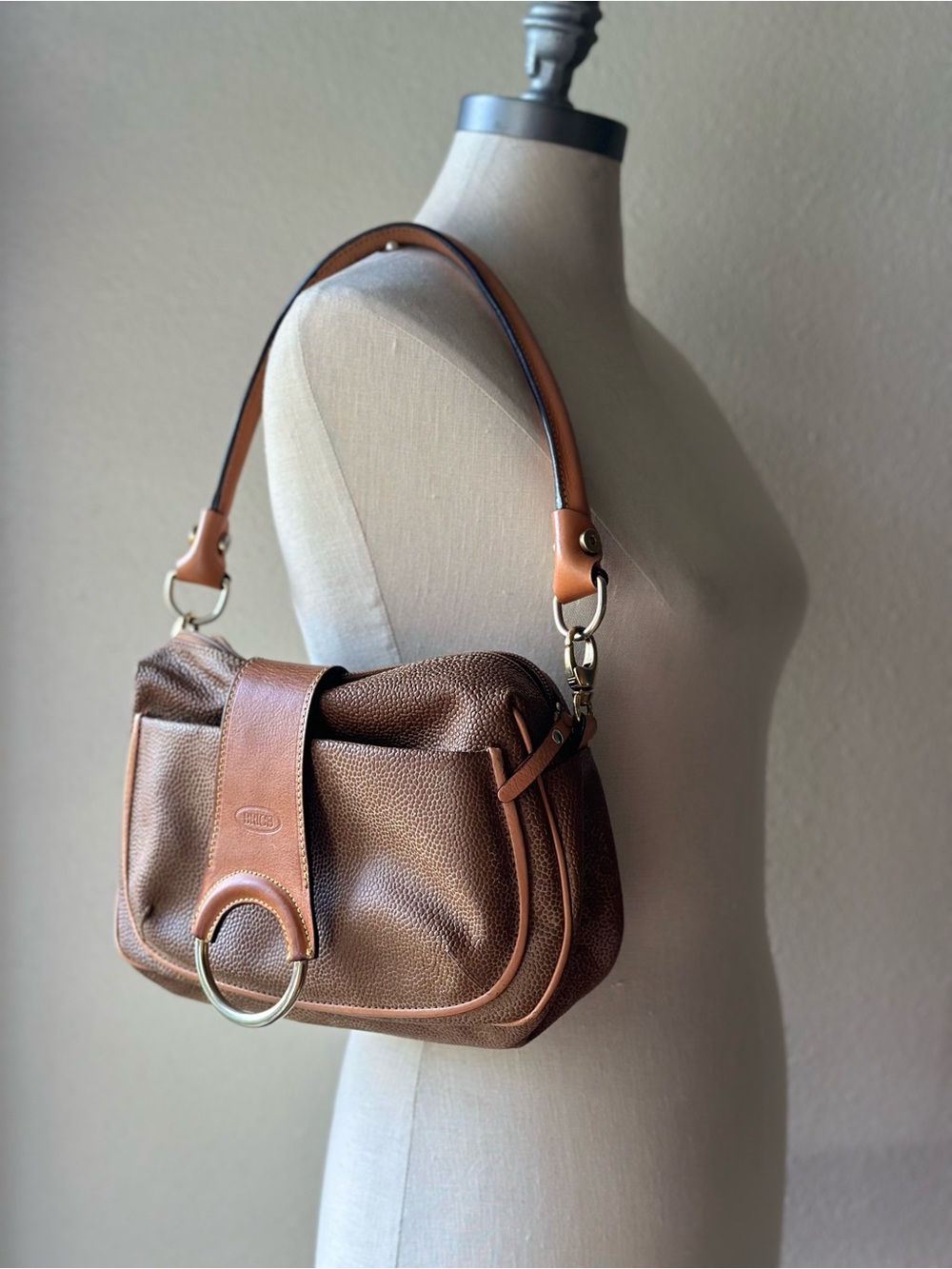 Vintage Brics Italy Brown Textured Shoulder Bag Leather Trim Purse Y2K 90s